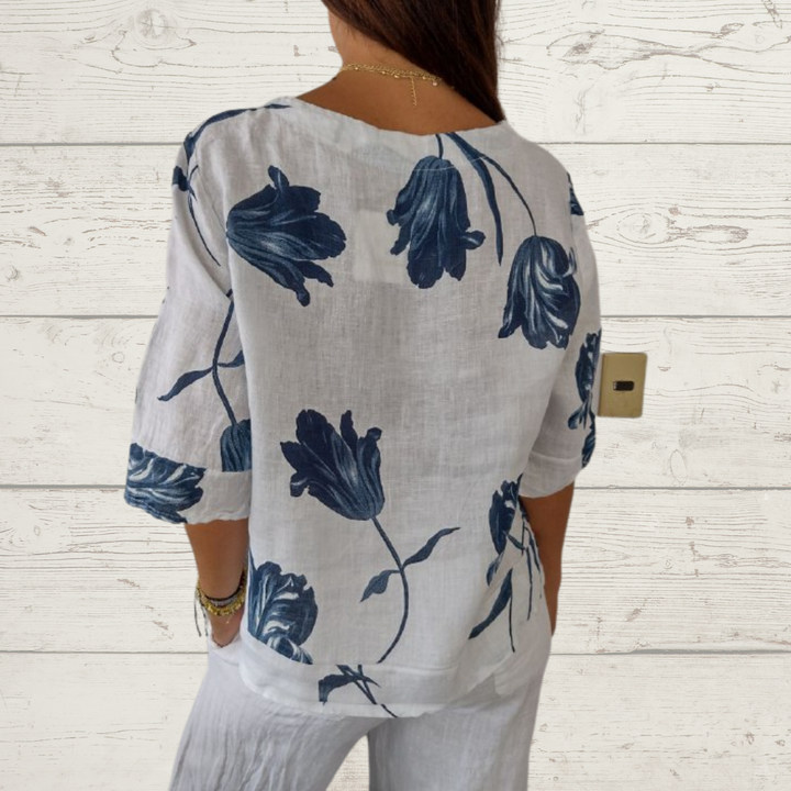 Printed tunic top with V-neck