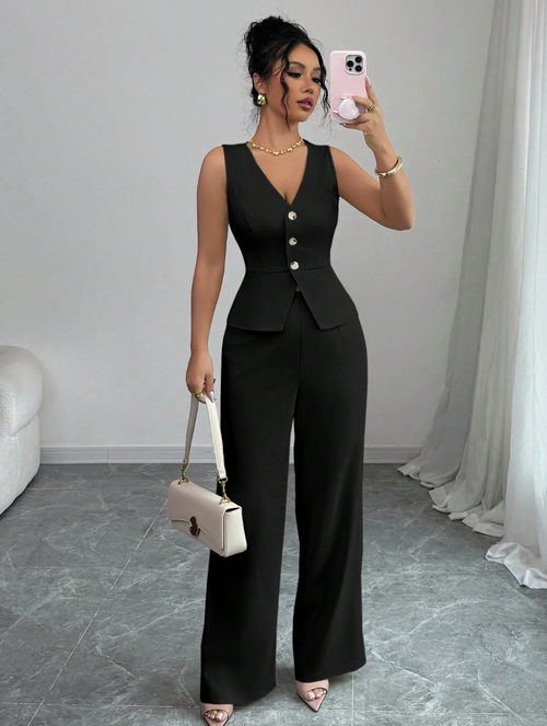 Elegant sleeveless vest and trouser set