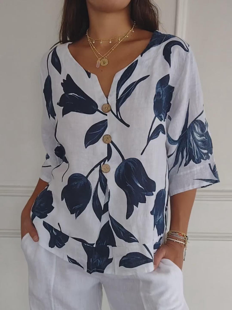 Printed tunic top with V-neck