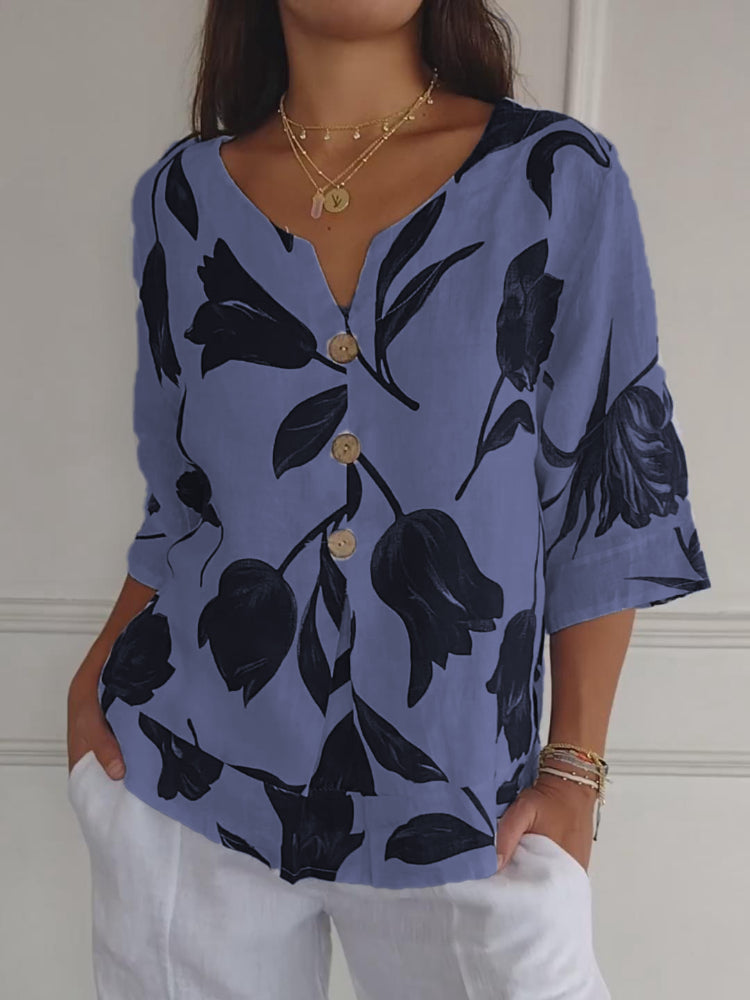 Printed tunic top with V-neck