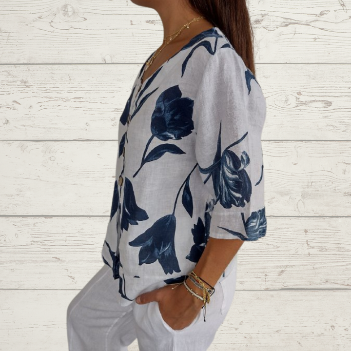 Printed tunic top with V-neck