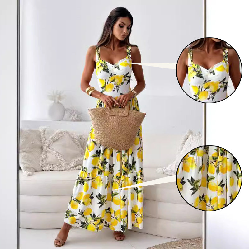 Elegant long dress with spaghetti straps and lemon print for women