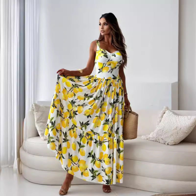 Elegant long dress with spaghetti straps and lemon print for women
