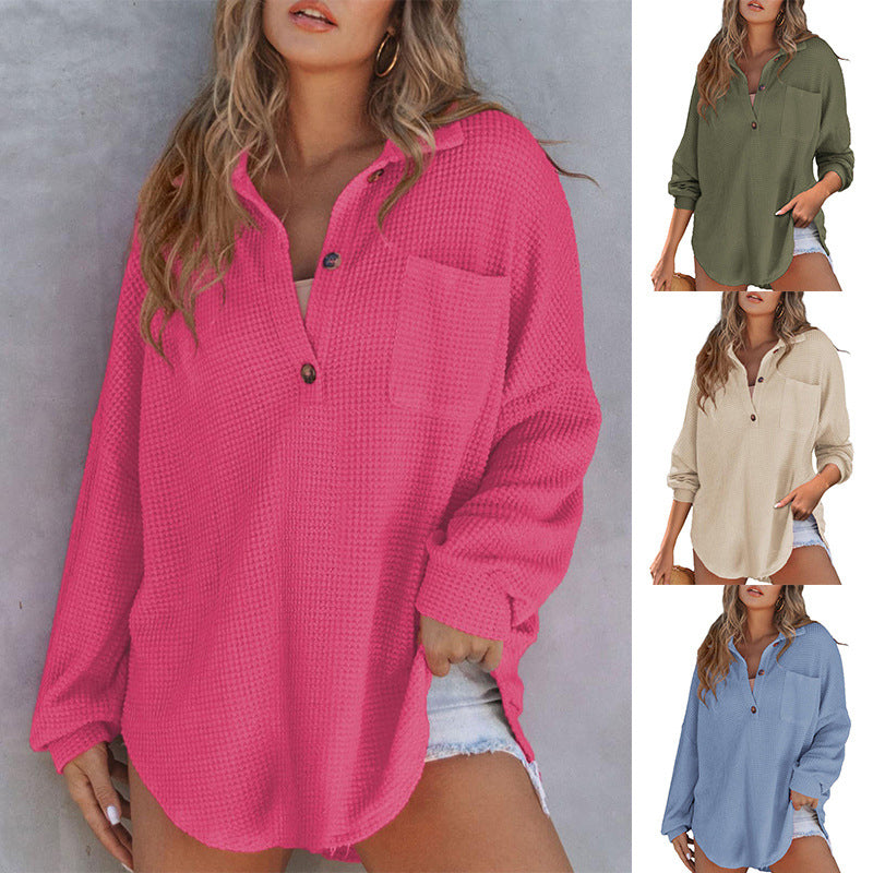Loose-fitting, solid-color waffle-knit shirt for women